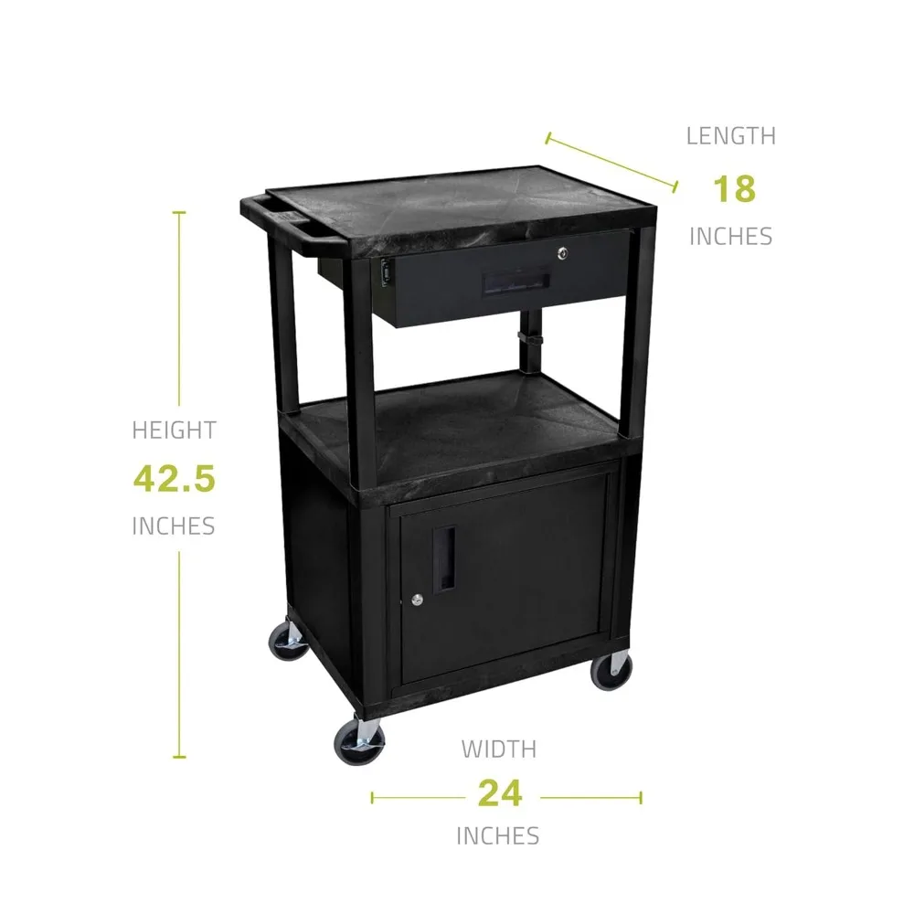 LUXOR WT42C2E-B/WTD Carro AV de 42 H - Cajón de cabina de 3 estantes - Negro, 4 ruedas con rodamiento de bolas con dos frenos de bloqueo, Sto multiusos