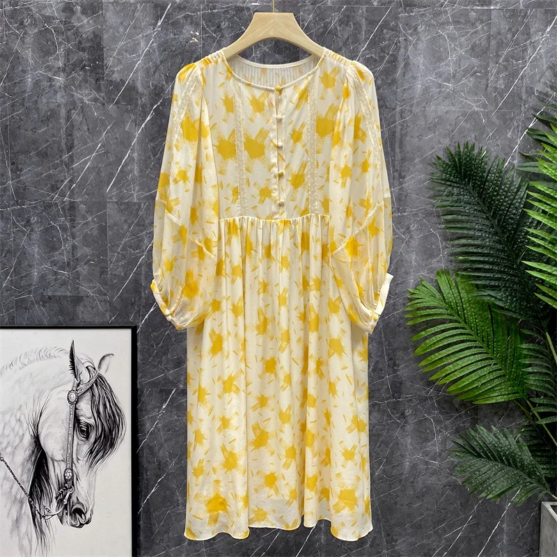 

Silk Georgette Floral Print Loose Lantern Sve Women's Dr Summer High Waist round Ne Long Skirt Seven Sve Dr