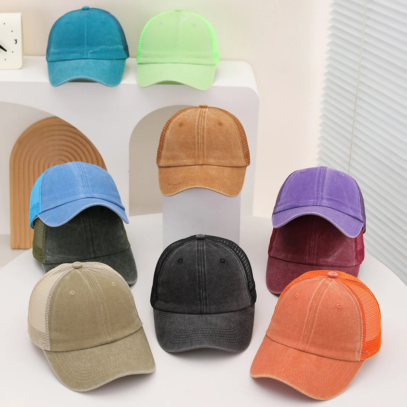 Casual Water-Washed Mesh Baseball Cap, Adjustable Curved Brim Baseball Cap, Summer Sweat-Absorbing and Breathable Sun Hat