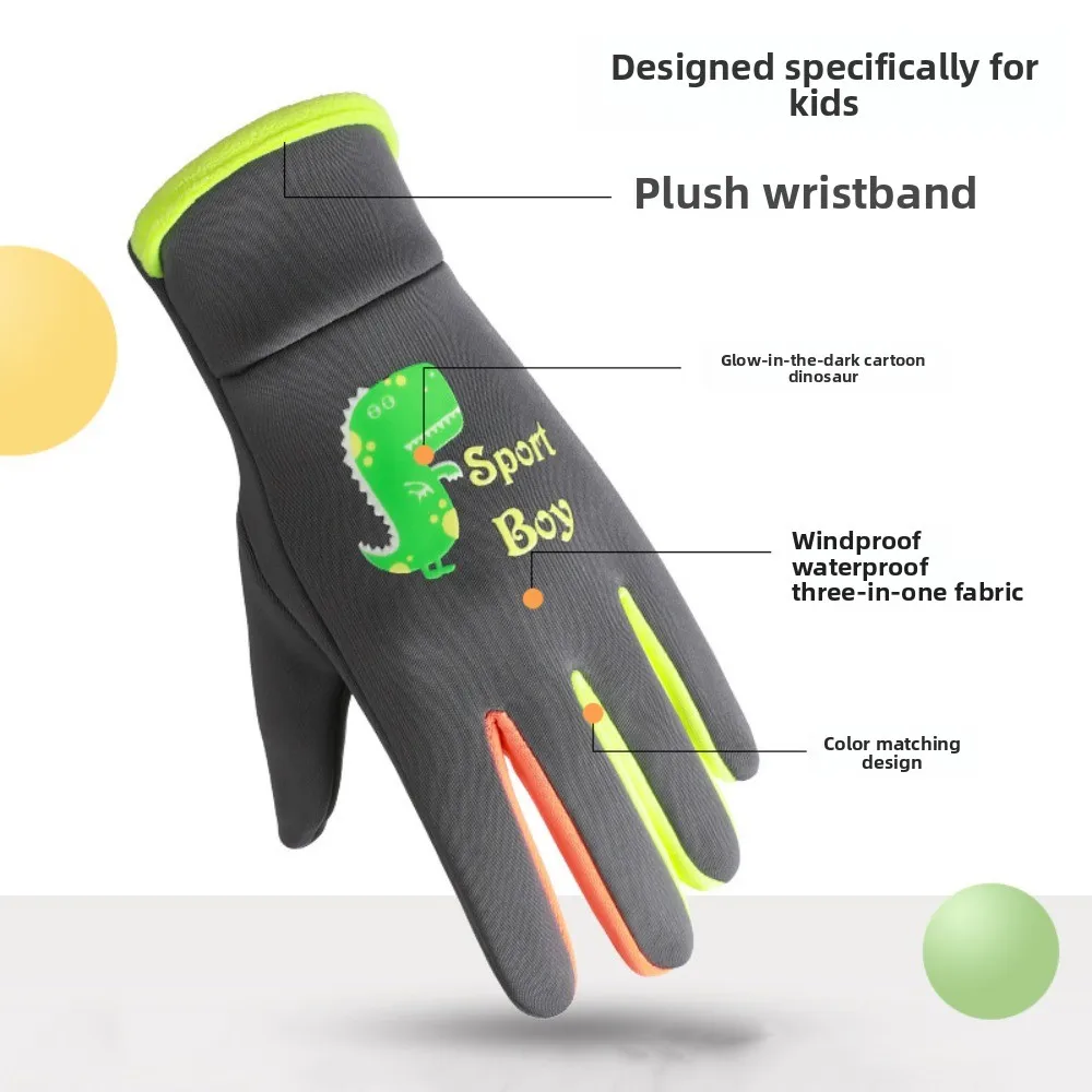 

Cartoon Dinosaur Warm Gloves Night Luminous Waterproof Winter Cycling Gloves Windproof Warm Children's Outdoor Gloves