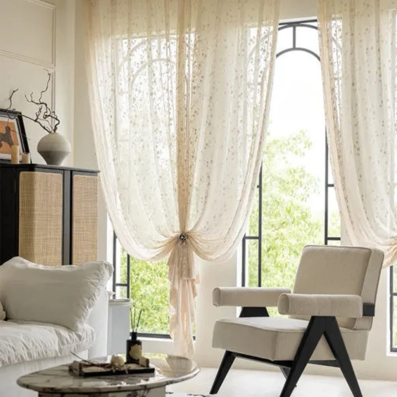 Luxury White Tulle Gauze French Cream Embossed Jacquard Curtains for Living Dining Room Bedroom Custom Size Fashion Elegant