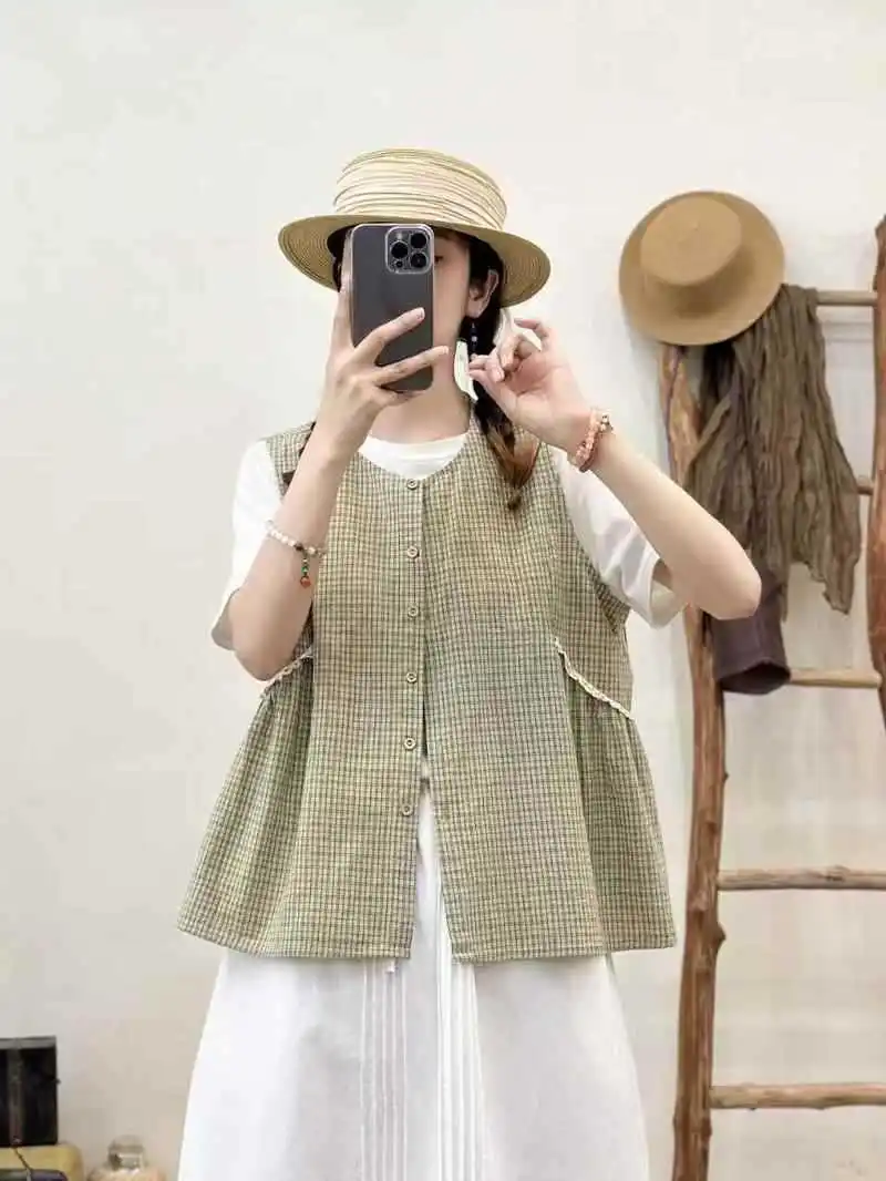 New 2025 Summer Cotton Sleeveless Shirt, Women O Neck Plaid Print Lace Patchwork, Mori Girl French Retro Loose Blouse T55579CC
