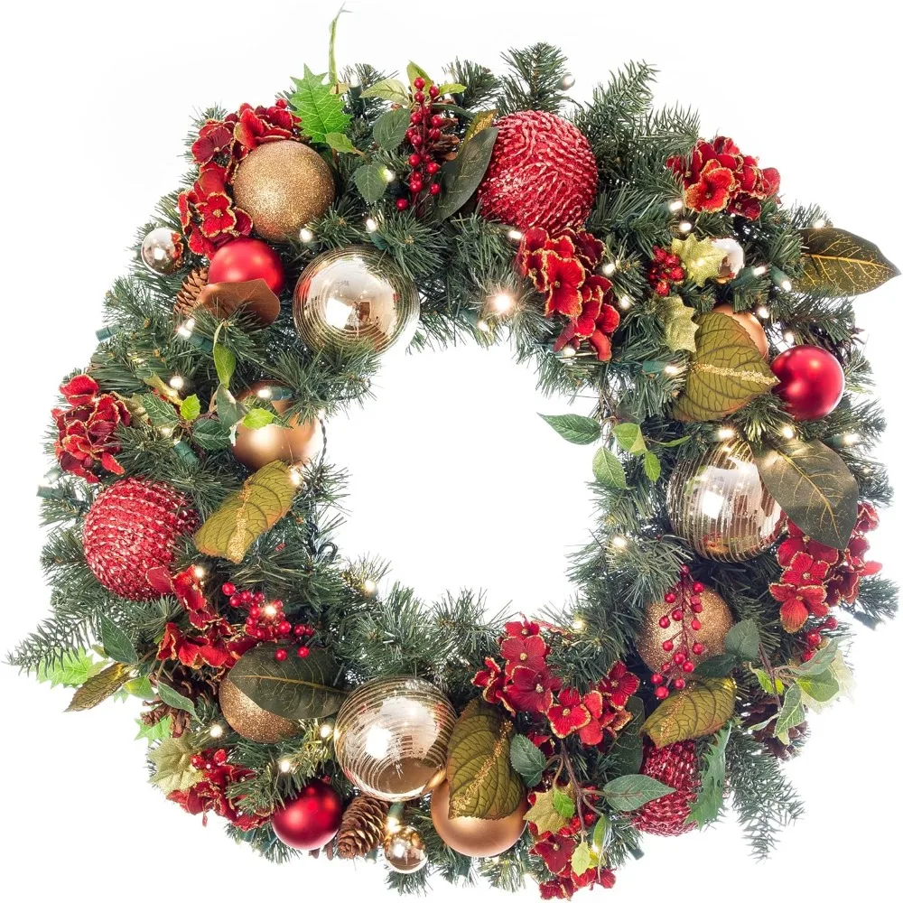 Christmas Wreath Decoration, 50 Warm Transparent LED Lights with 30 Inch Red Hydrangeas and Remote Control Battery Powered Timer