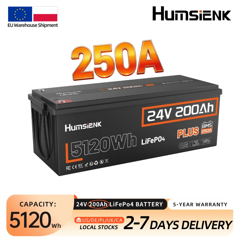 Humsienk LiFePO4 Lithium-Batterie 24 V (25,6 V) 200 Ah mit 250A BMS, 15.000 Zyklen für Wohnmobile, Solaranlagen, Boote, Marine, Heimspeicher