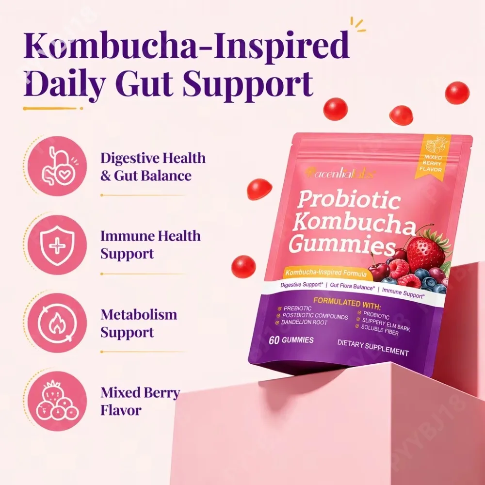 Probiotic Kombucha Gummies for Relieve Bloating Gut Flora Balance Weight Management & Metabolism 6-in-1 Gut Health Formula 60 Ct