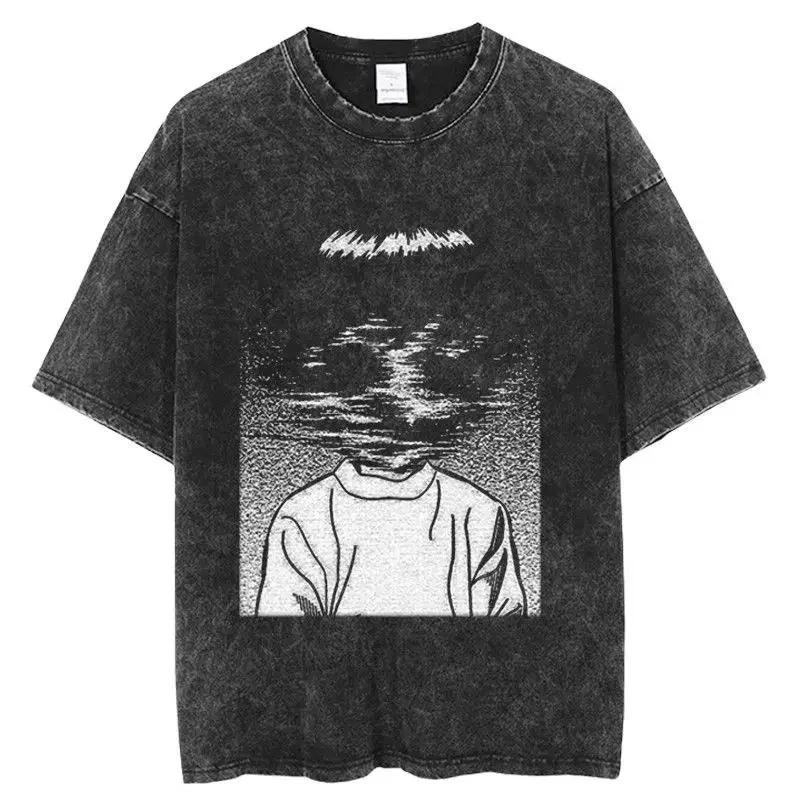 

Summer men's Japanese Toei cartoon pattern printed 100% pure cotton vintage washed short-sleeved T-shirt Harajuku top