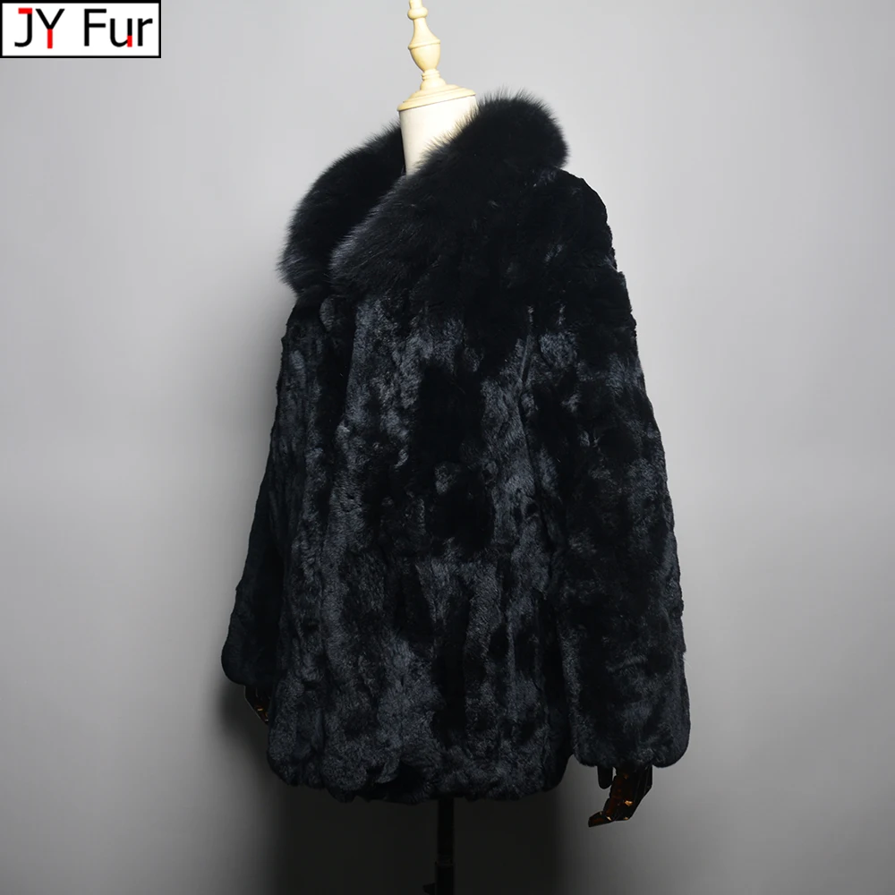 

New Lady Real Rex Rabbit Fur Jacket Russia Women Winter Warm 100% Natural Real Rex Rabbit Fur Coat With Fox Fur Collar Coats