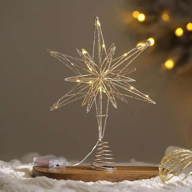 Árbol de Navidad Explo sion estrella decoración luz LED alimentado por batería Topper diseño hueco brillo árbol Topper Decoración