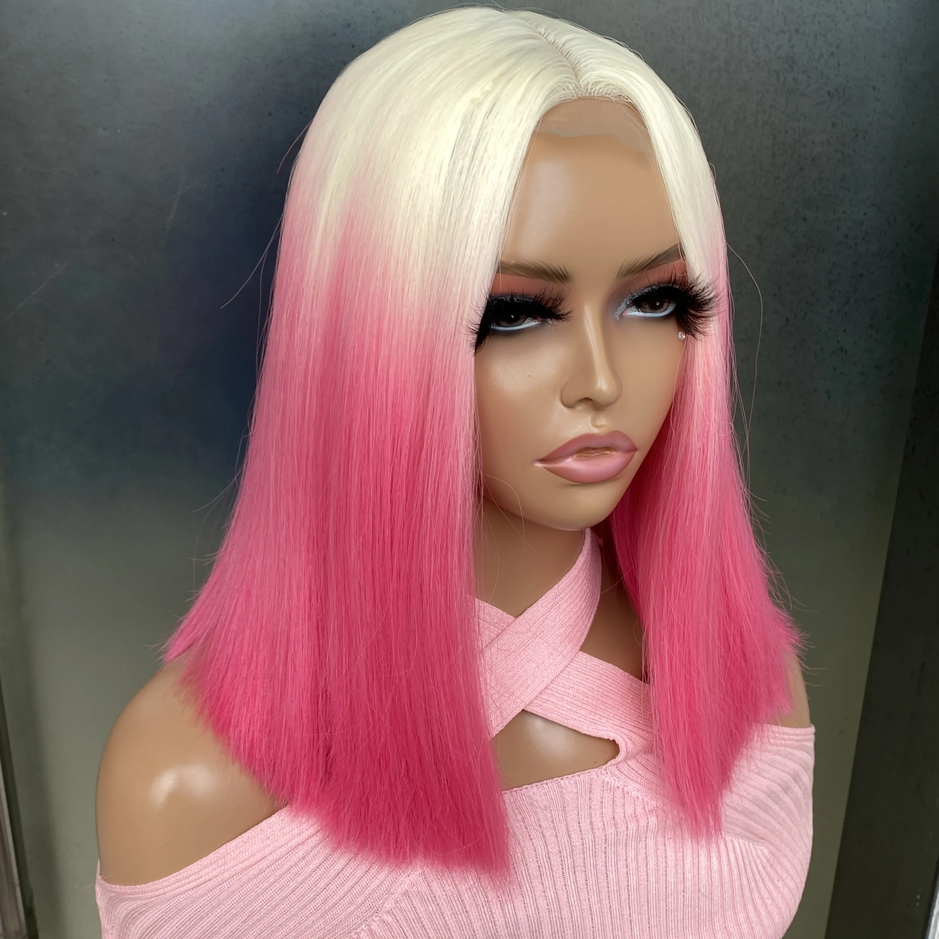 Ombre blonde pink Straight Bob Synthetic Wigs straight blonde Orange Bob Wig ombre blonde bob wigs with Bangs