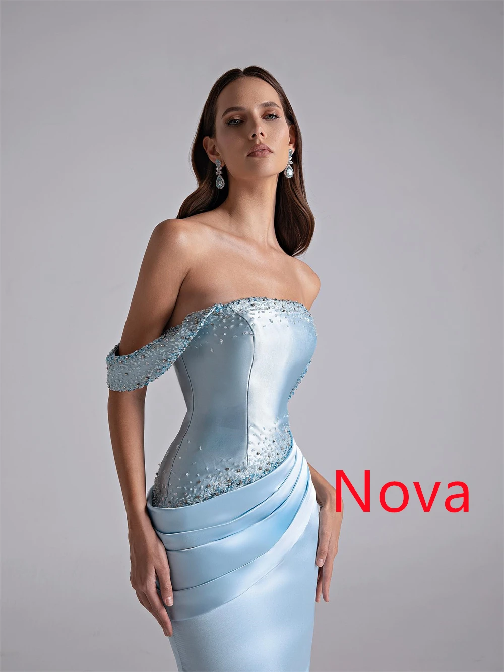 Vestidos de celebridades de satén azul elegantes de sirena personalizados, encantador vestido de noche con hombros descubiertos, vestidos sexis para ocasiones especiales