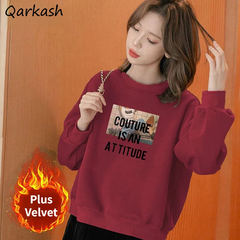 Crop Sweatshirts Women Retro Prints Autumn Winter Korean Fashion Students Daily Loose Casual Tops Simple Young All-match Mujer