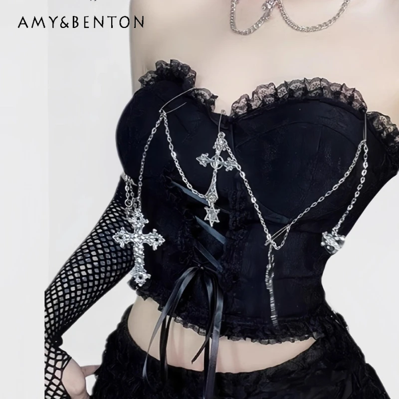 

Gothic Punk Black Hollow Out Chain Women's Tube Top 2025 New Original Design Irregular Floral Texture Lace Dresses Sets Ladies