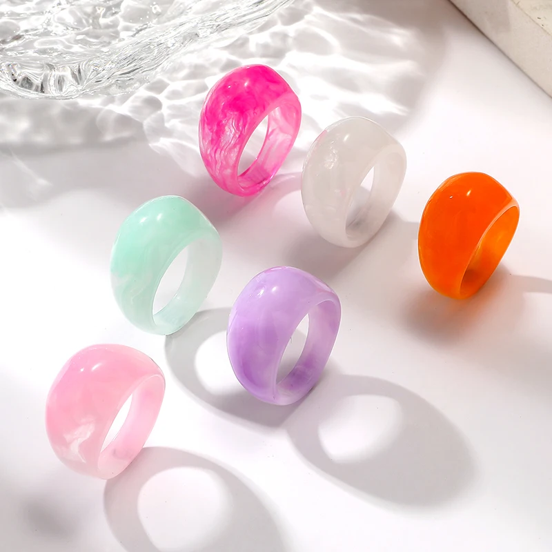 6 PCSEuropean and American Creative Colorful Transparent Acrylic Ring INS Personalized Simple Round Resin Ring for Men and Women