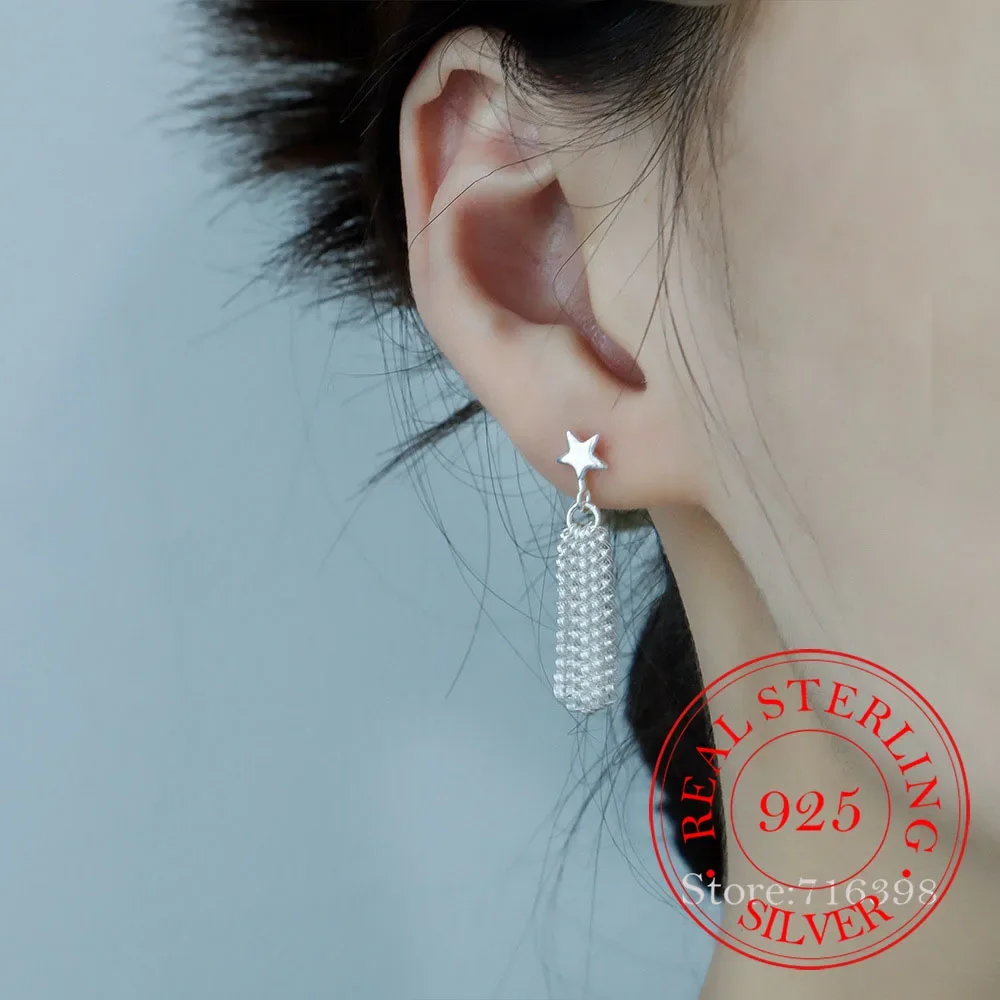 925 Sterling Silver Glossy Star Tassel Thread Stud Earrings for Women Girl Piercing Jewelry Female Pendientes Wedding Party Gift