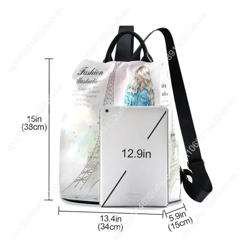 Waterproof Casual Women Backpack Purse Anti-theft Rucksack Mochila Eiffel Tower Printed School Shoulder Bag For Teenagers Girls