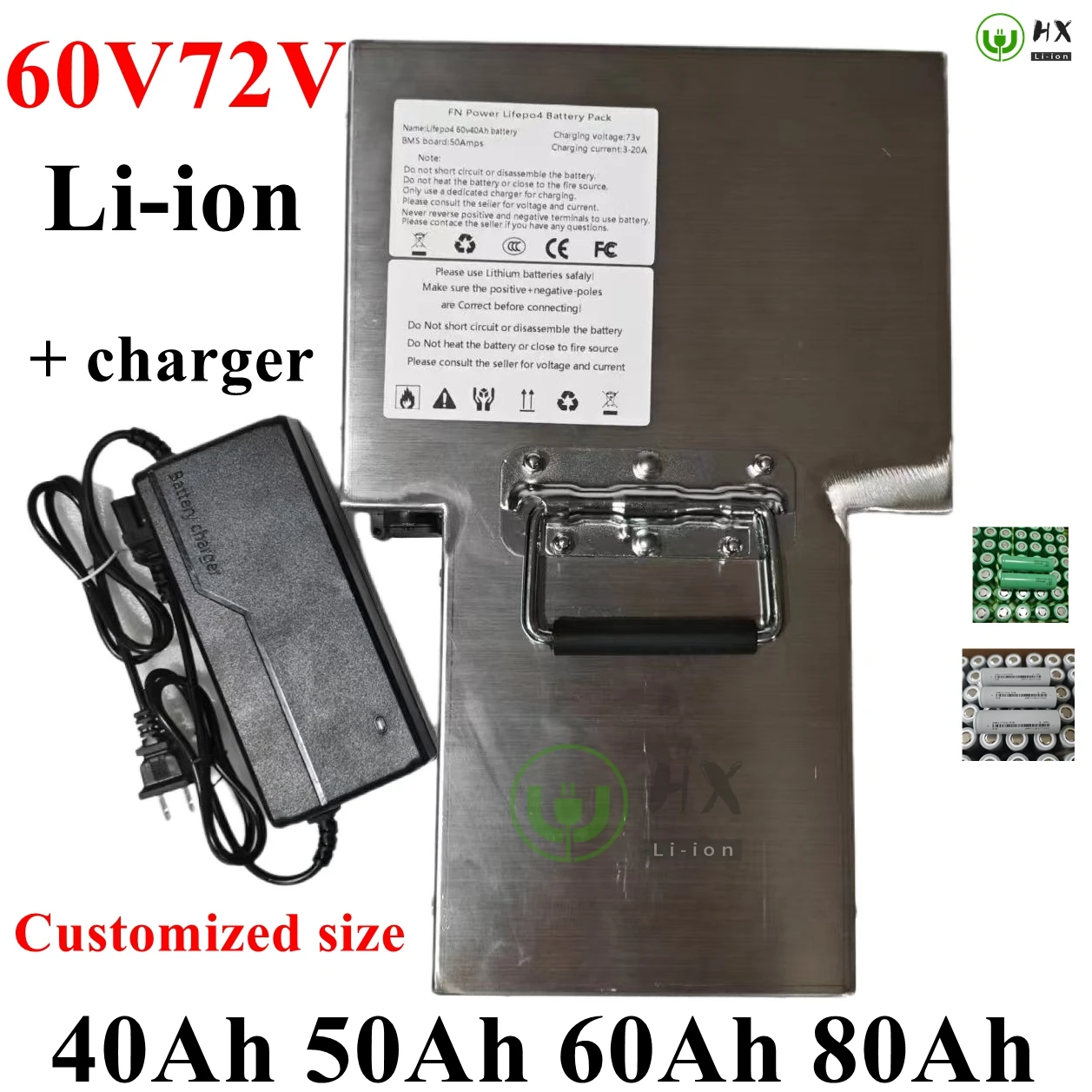 HX-T type  60v 72v 40ah 50ah 60ah 80ah lithium ion battery pack with bms for scooter, electric motorcycle,E-bike +5A charger.