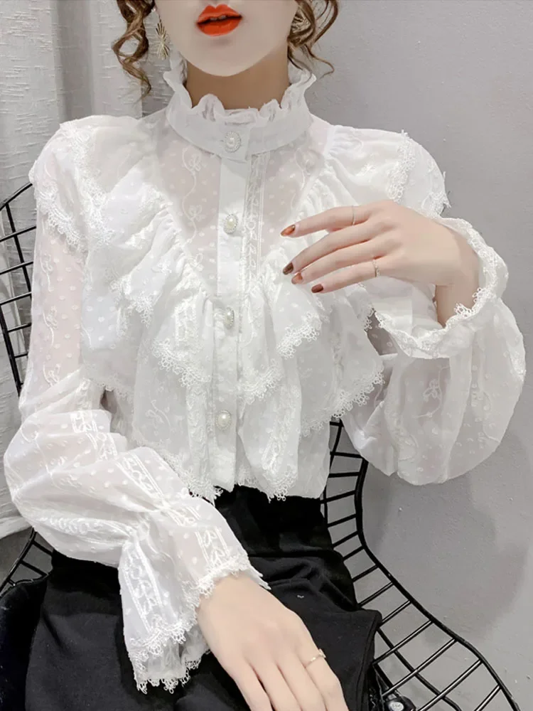 Fashion Ruffle Stitching Elegant Lace Blouse Long Sleeve Loose Chiffon Shirts Korean Style Stand Collar Pleated Top Blusas 15832