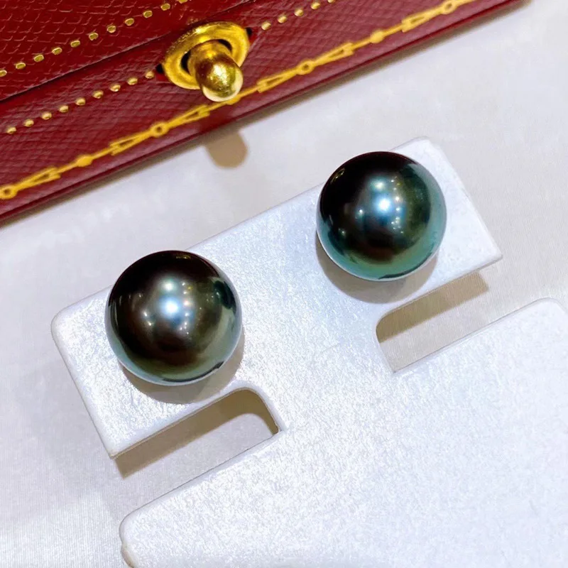 Elegant Earrings 10-11mm Natural Tahi Black Peacock Pearls Stud Earrings for Women Fine Jewelry