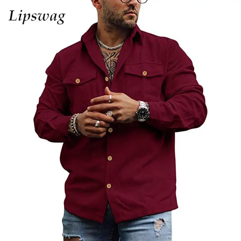

2023 Autumn Casual Mens Shirts Solid Color Corduroy Tops Fashion Button-up Lapel Long Sleeve Shirt For Men Clothes Vintage Shirt