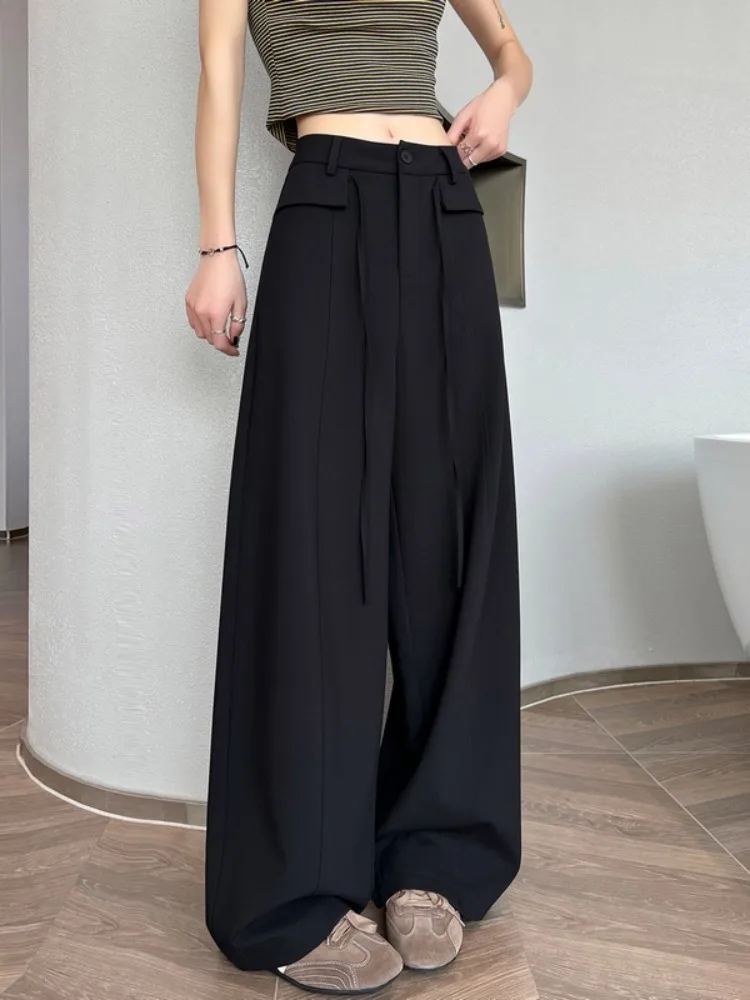 Black Ice Silk Wide Leg Pants Women's Summer New High Waist Drape Loose Straight Casual Floor-Length Knife  Trousers