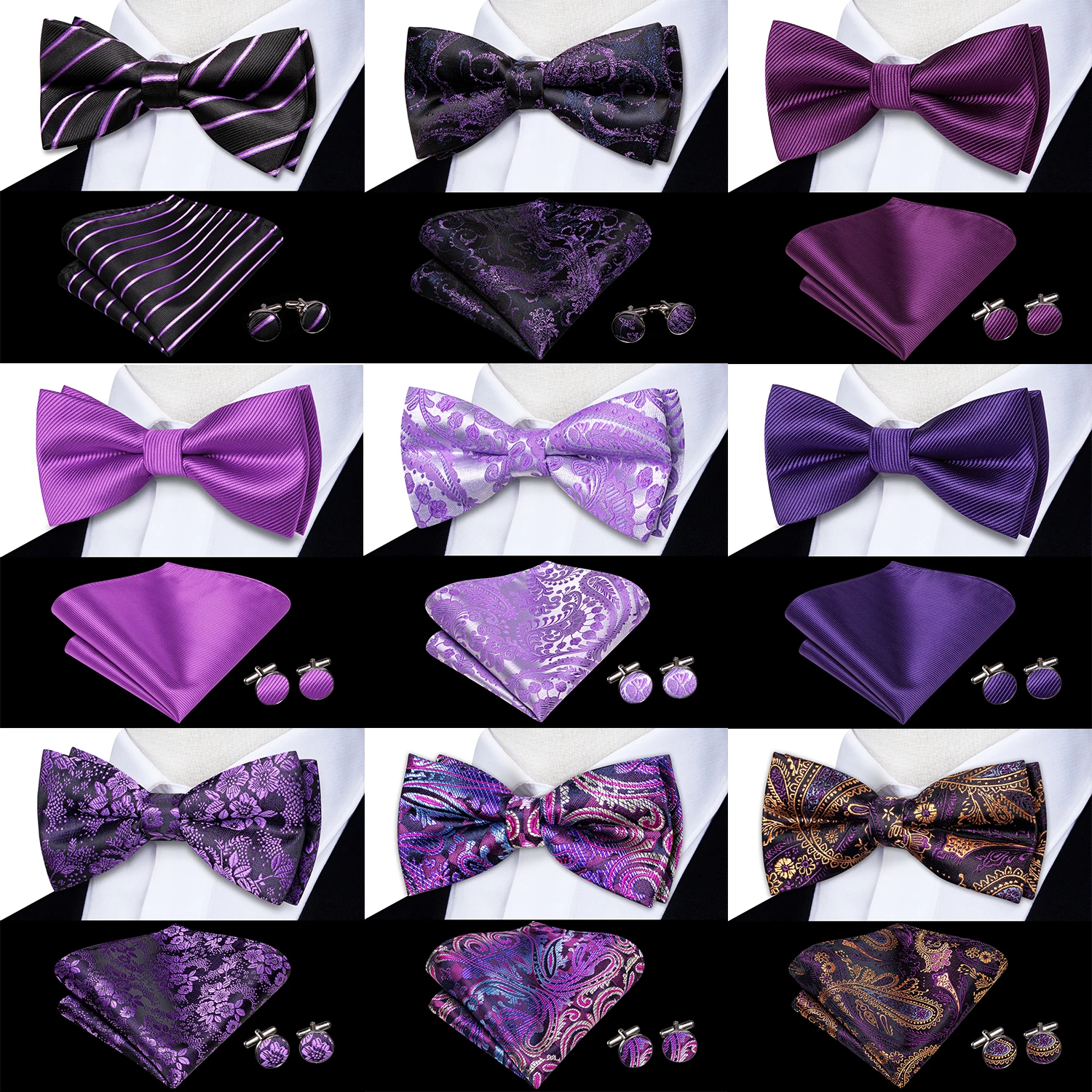 Pajarita de seda para hombre, conjunto de puños de pañuelo, nudo de mariposa preatado, Morado, lila, lavanda, violeta, boda, negocios