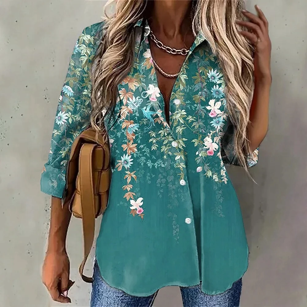 Elegant Women\'s Shirts & Blouses Blue Purplegreen Flower Flower Print Button Long Sleeve Casual Shirt Fit Summer Female Clothing