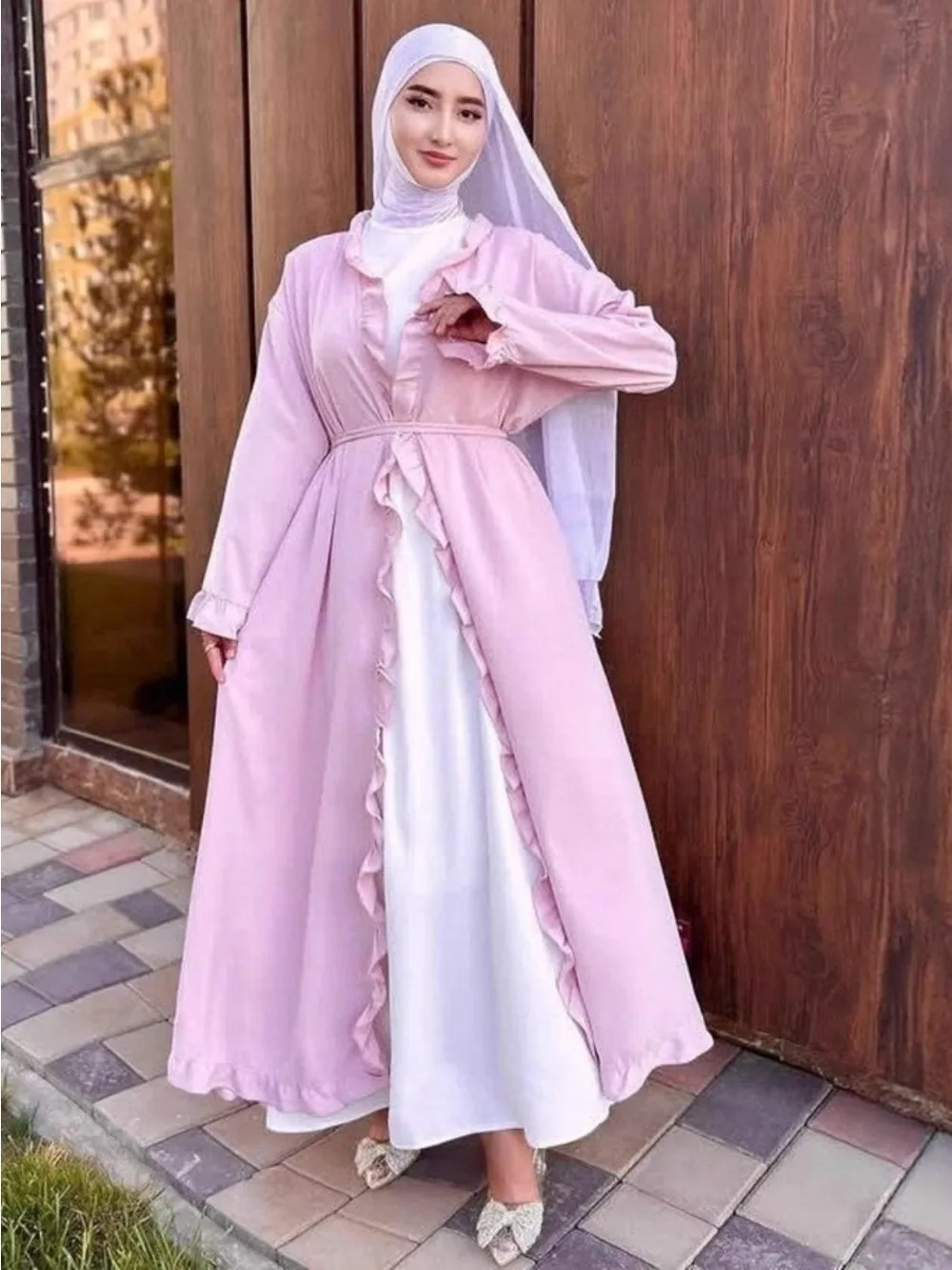 

Ид женский мусульманский открытый кардиган Абая платье Рамадан Джалабия с рюшами Дубай длинный халат Марокко Кафтан Ислам Vestidos Largos 2025