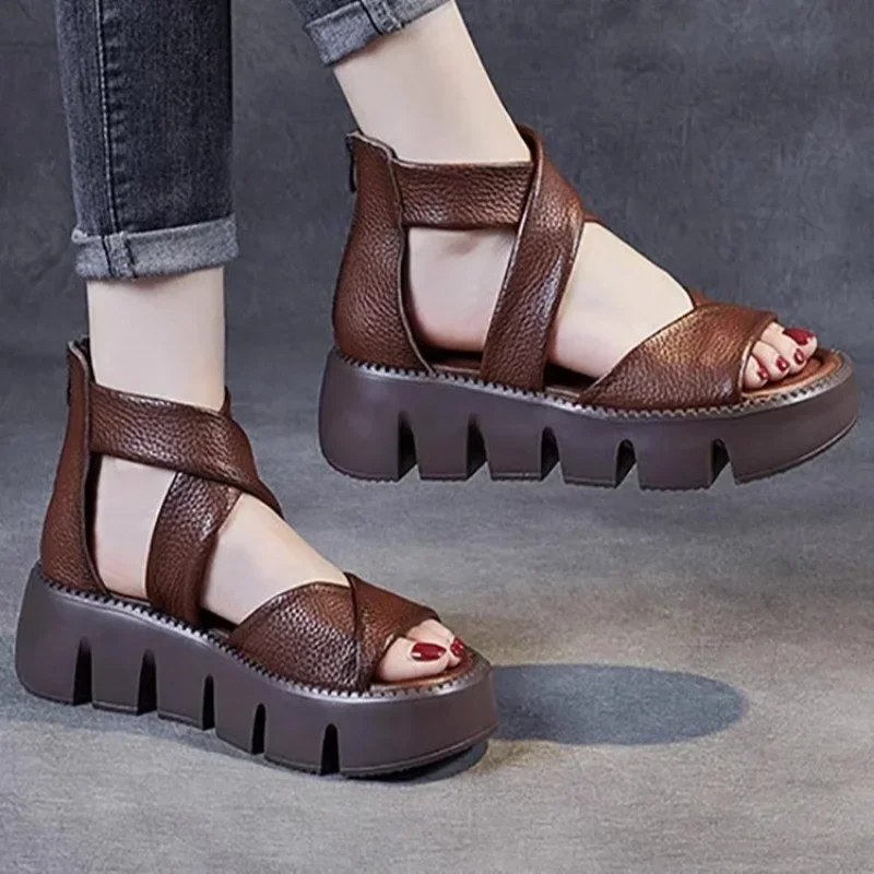 2024 New Handmade Retro Women Sandals Cross Real Cow Leather Wedges Platform Gladiator Shoe Back Zipper Thick Bottom Cool Boot