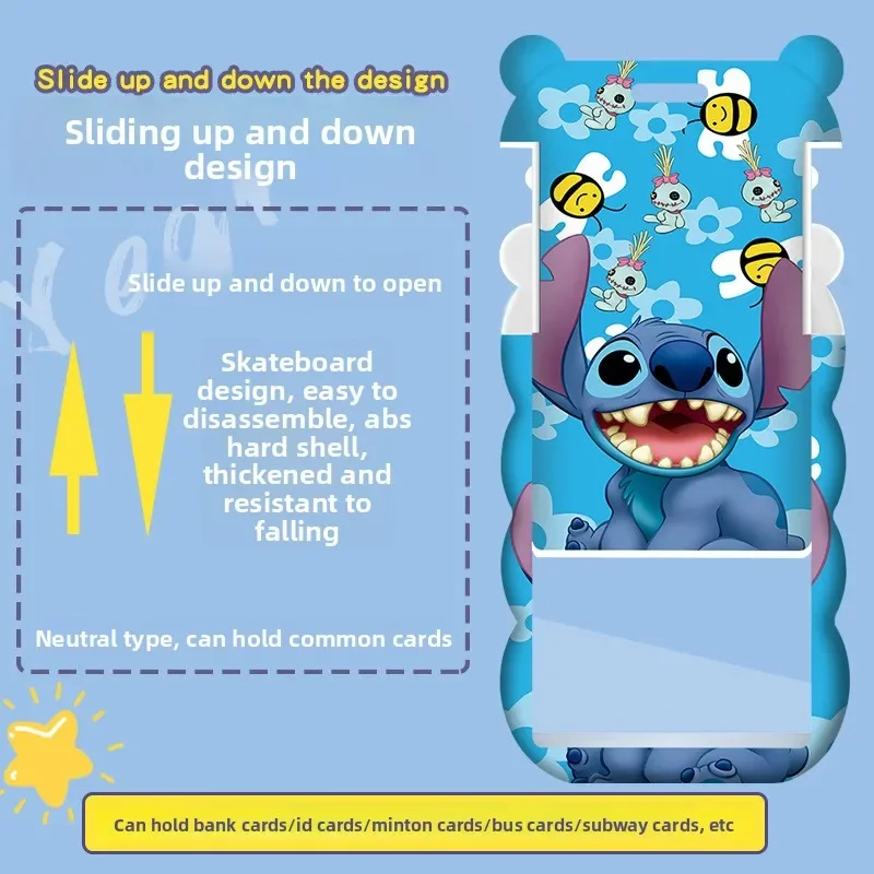 حافظة بطاقات بتصميم مموج لطيف - حافلة Lilo & Stitch ذات طابع مترو وحامل بطاقات الوصول مع حبل طويل للأطفال