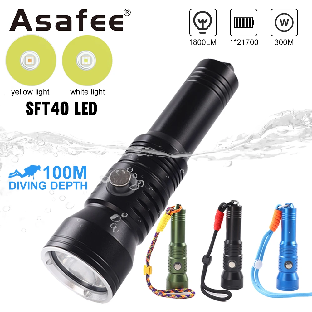 

Фонарик для дайвинга Asafee DT200, белый свет, SFT40, фонарик для дайвинга, 1800LM, ультрасильный свет, 100 м, подводный подводный светильник