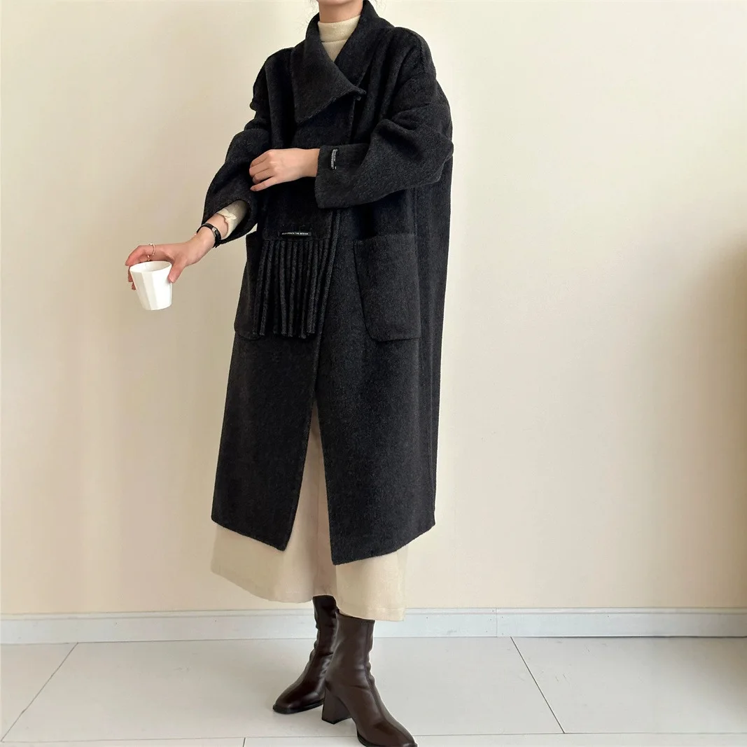 UMI MAO Scarf Style Single Row Two Button Off Shoulder Sleeves Wool Double-sided Cashmere Jacket Woolen Coat Female Overcoat