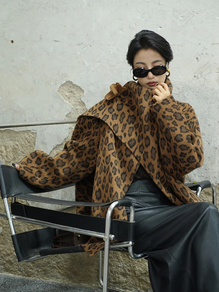 

Модное двустороннее шерстяное пальто с леопардовым принтом, средней длины, женское, осеннее, для повседневной носки, с длинными рукавами