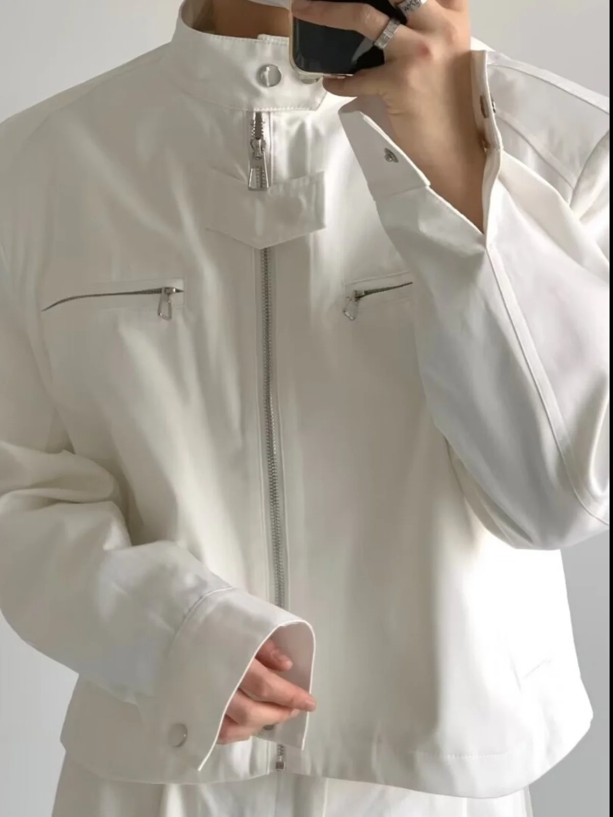 

American Sle ort Padded oulder Jaet Men's High-End Loose Stand Collar Zipper Cardigan Functional Workwear Trendy