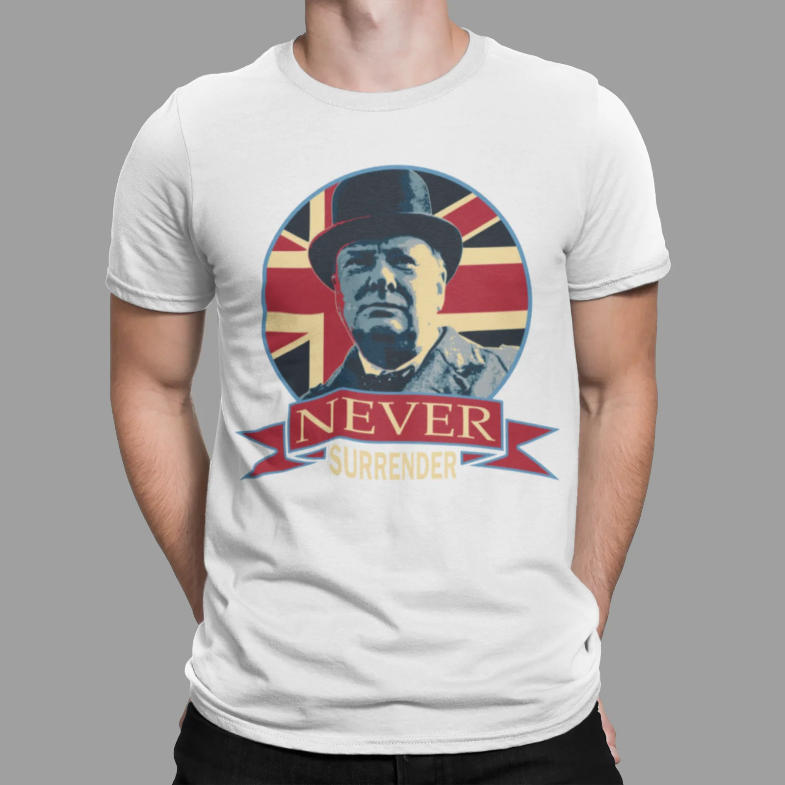 CHURCHILL NEVER SURRENDER T-SHIRT LIVES MATTER HISTORY TEE GIFT RETRO WAR ROUND