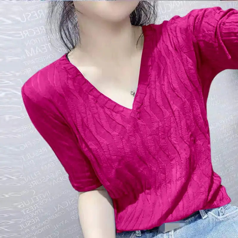 Fashion V-Neck Korean Solid Color Folds T-Shirt Women\'s Clothing 2024 Summer New Slim Knitted Casual Tops Office Lady Tee Shirt