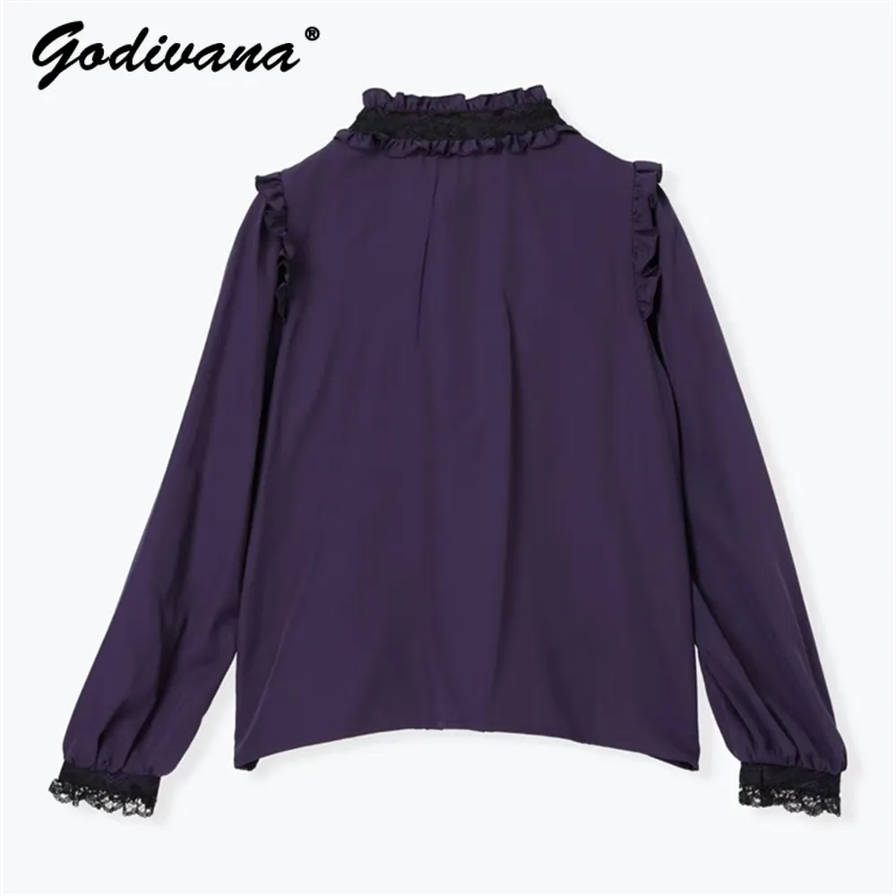 Japanese New Autumn Women's Mine Series Mass-produced Cute Lace-up Bow Long-sleeved Embroidered Shirt Sweet Blouse Blusas