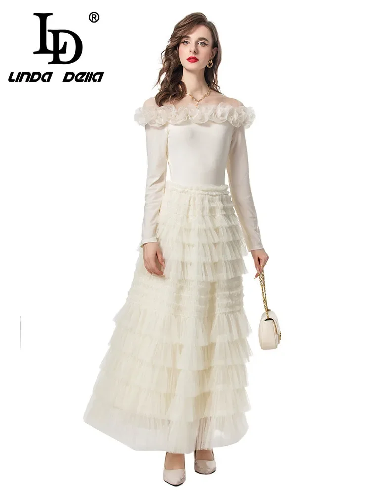 

LD LINDA DELLA 2024 Summer Fashion Dress Women Vintage Solid Color Appliques Net Yarn Cascading Ruffle Elastic Waist Dresses