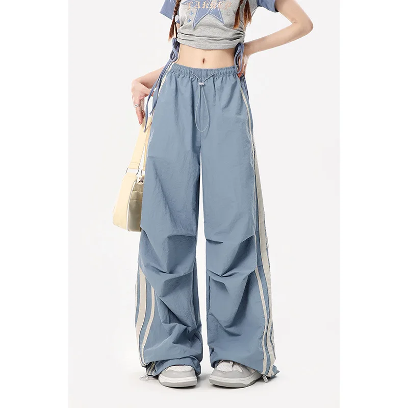 American Fashionable Blue Workwear Pants for Women's Summer Retro Pleated Quick Drying Casual Wide Leg Pants Female Clothing