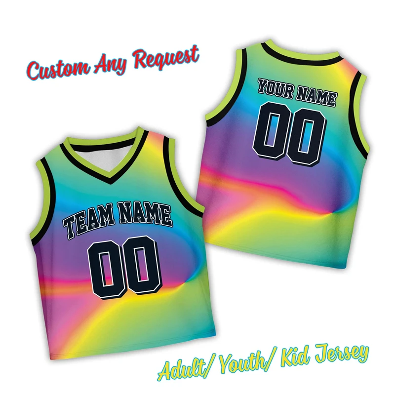 Fashion Iridescent Background Basketball Jersey Custom Name Team Name Number Holographic Rainbow Basketball Shirt Mens Vest Tops