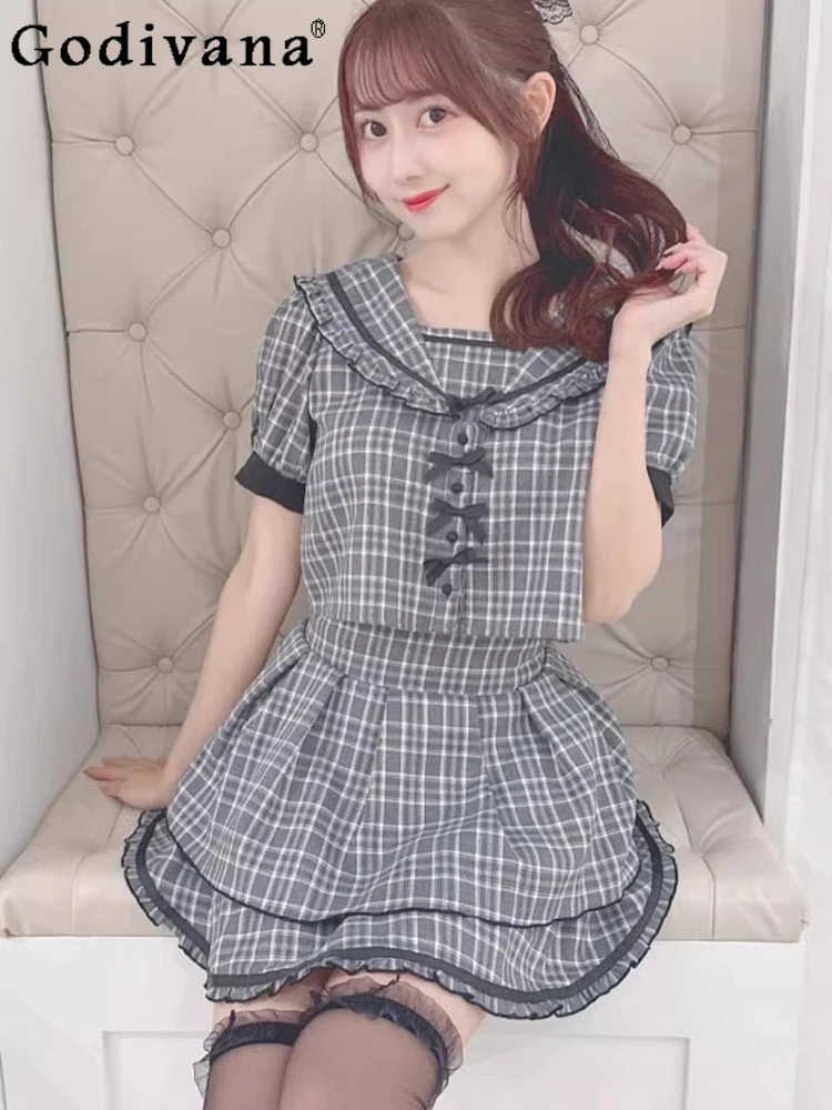 

Spring Autumn Sweet Bow Cute Navy Collar Short Sleeve Shirt Fashion High Waist A-line Age-reducing Japanese Pleated Skirt Sets