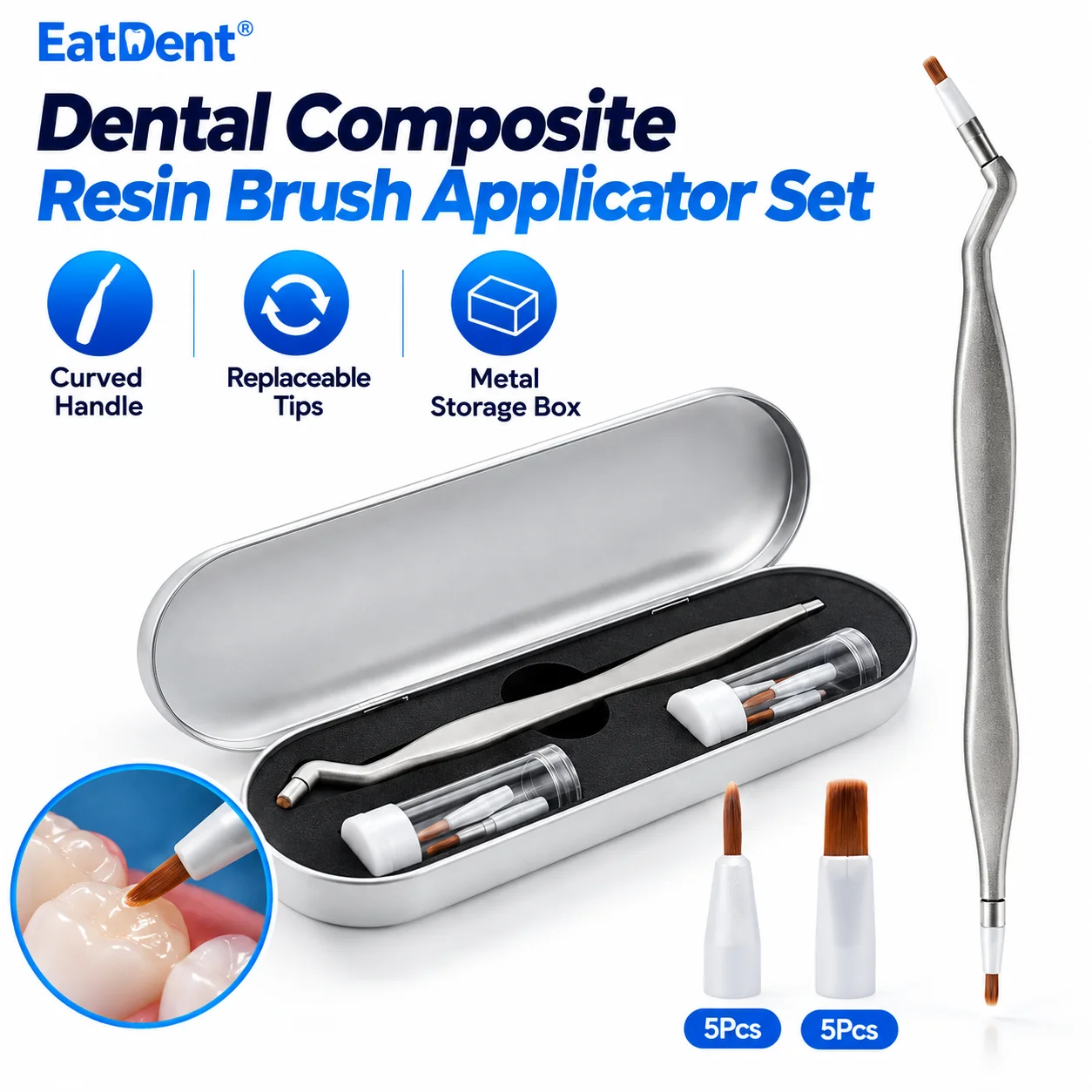 Dental Resin Brush Pen Set Replaceable Brushes Head Straight Curved Head Handle Mini Micro Brush Autoclavable Dentist Tools