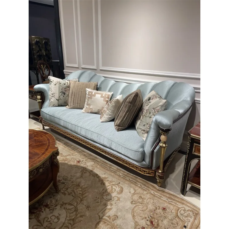 Light luxury double sofa British furniture European neoclassical mahogany solid wood fabric sofa inlaid with copper
