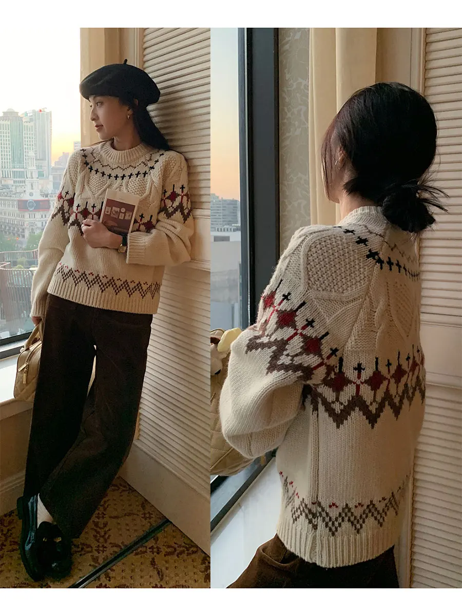 

Sanmu Social винтажный шерстяной вязаный свитер с цветочным принтом, женский островный свитер, осень-зима, Новое поступление, круглый Ne Overhead