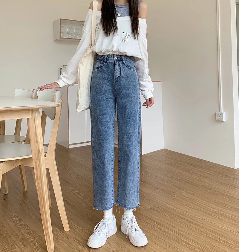 

High Waist Straight Leg Jeans Women's Spring Autumn New Style plus Size Versatile Loose Slimming Nine Point Wide Leg Pants