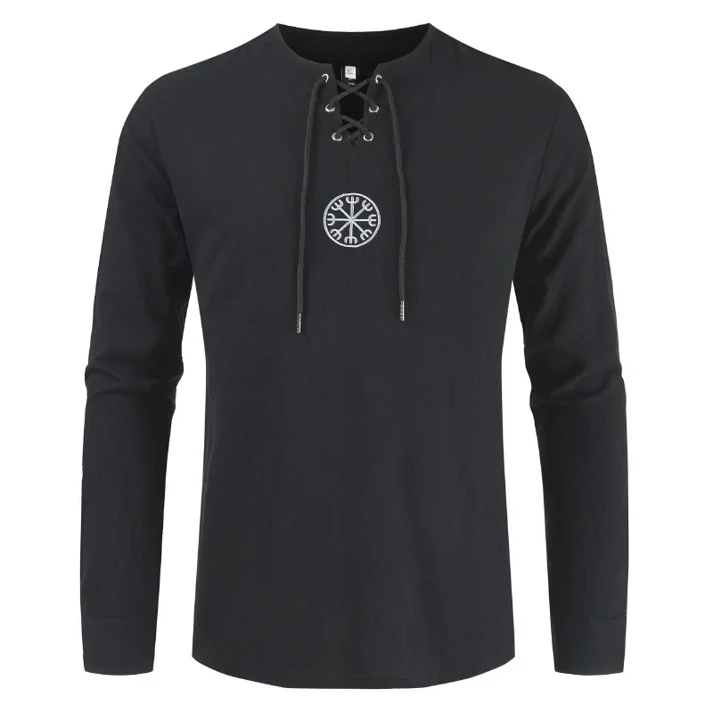 

Medieval Gothic Men's Tops Vintage Lace Up Punk Shirt Ancient Halloween Embroidery Retro Cosplay Costume Long Sleeve T-shirt