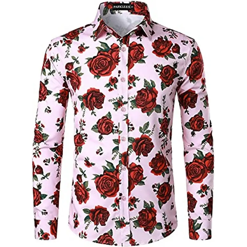 Men\'s shirt floral red rose 3D print outdoor street long sleeved buckle printed clothing fashion design casual and breathable