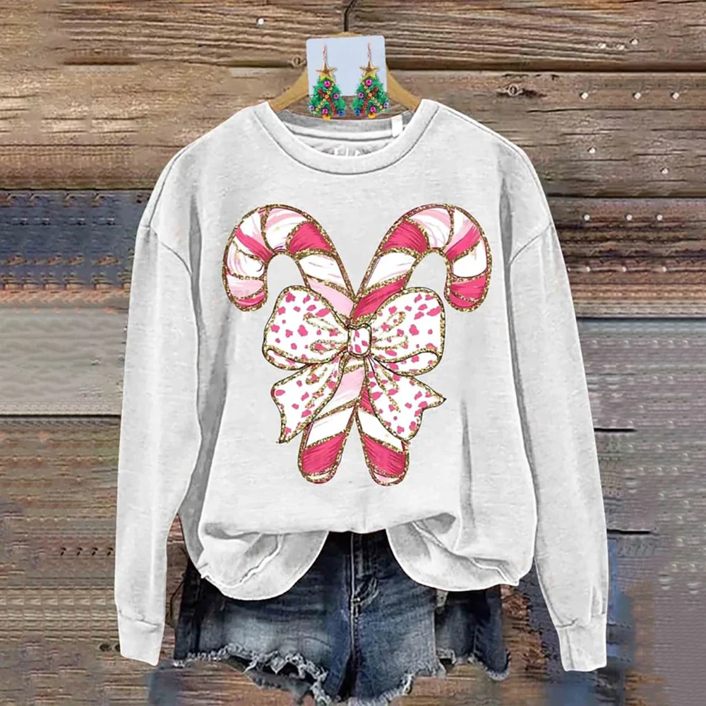 Winter Hoodie Merry Christmas Bow Design Women Sweatshirt Graphic Colorful Bow Print Autumn Tops Christmas Season New Sweatshirt