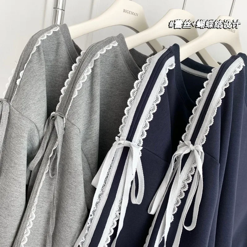 Sweat-shirt à manches longues en dentelle avec nœud et épaules inclinées, haut ample, début d'automne, nouvelle collection