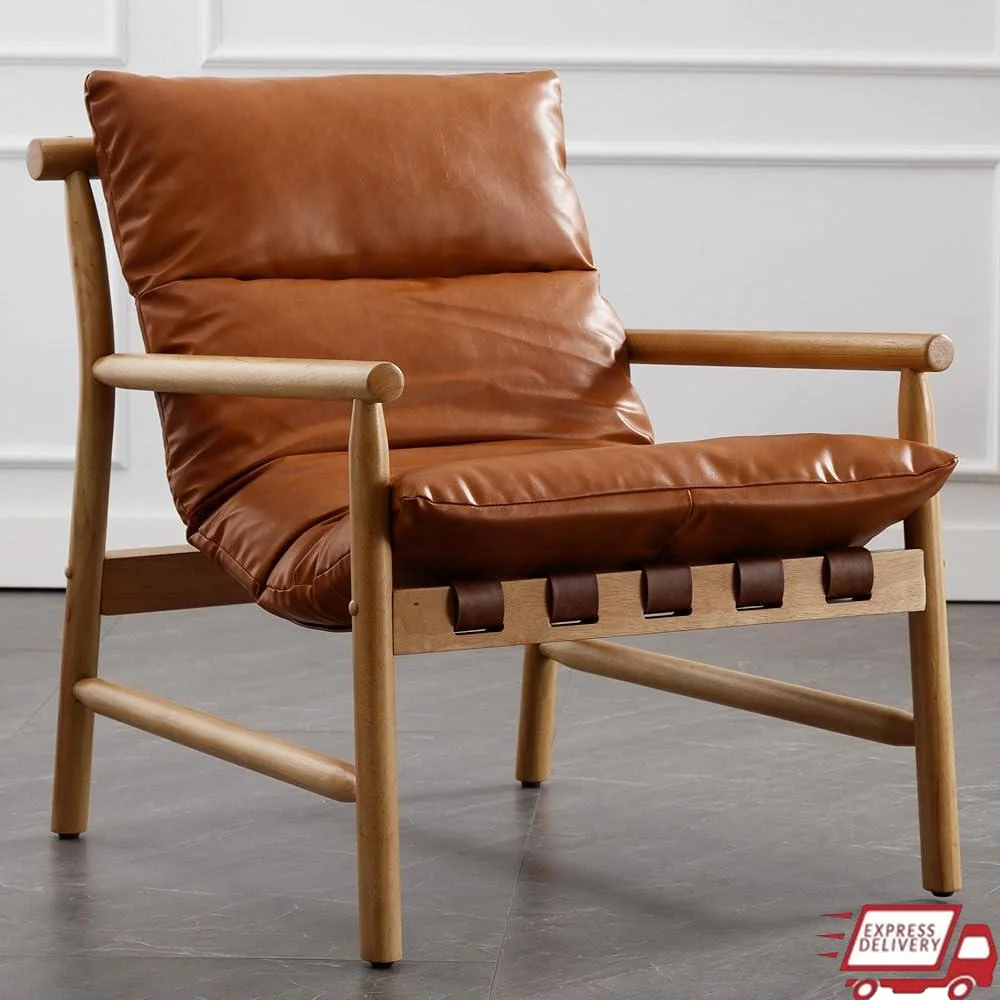 

Faux Leather Accent Chair Modern Lounge Chair Comfy Reading Chair Solid Wood Frame Ergonomic Design Adjustable Footpads Sturdy