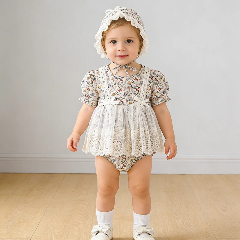 

Новинка 2023 года, летняя одежда для малышей от 0 до 24 месяцев, комбинезон для маленьких девочек + шапка, хлопковые боди с короткими рукавами и принтом для младенцев